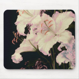 Elegante weiße Lilien auf schwarzem Hintergrund Fl Mousepad