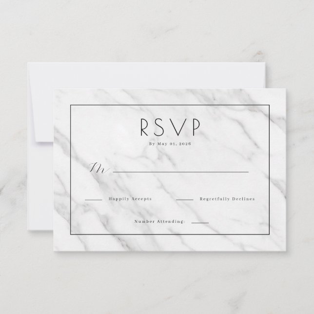 Elegante weiße Marmor-RSVP RSVP Karte (Vorderseite)