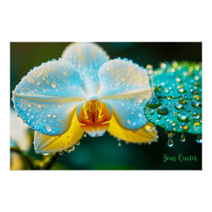 Elegante weiße Orchidee mit Wassertropfen Botanik Poster