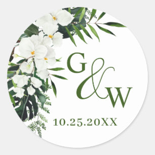 Elegante weiße Orchideen bohemische Blumenhochzeit Runder Aufkleber