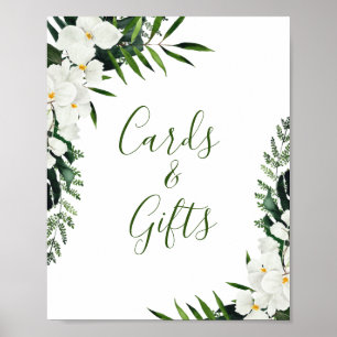 Elegante weiße Orchideenkarten und Geschenke Hochz Poster