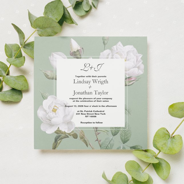 Elegante, weiße Pfefferminze, grüne Rose Blumenhoc Einladung (Elegant boho white mint green rose floral Wedding Invitation )