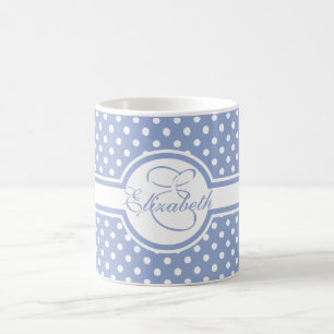Elegante weiße Polka Punkte auf blauem Monogramm Kaffeetasse