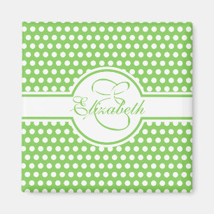 Elegante weiße Polka Punkte auf grünem Monogramm Magnet