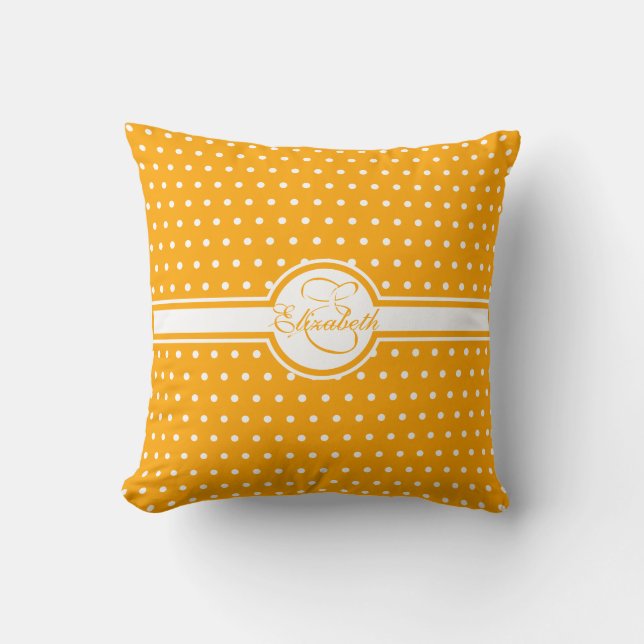 Elegante weiße Polka-Punkte auf Orange Monogram Kissen (Vorderseite)