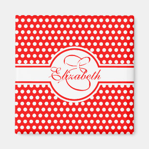 Elegante weiße Polka Punkte auf rotem Monogramm Magnet