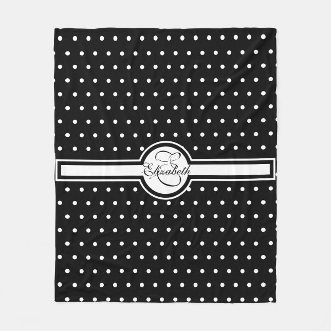 Elegante weiße Polka-Punkte auf Schwarz-Monogramm Fleecedecke (Vorderseite)