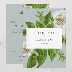 Elegante weiße Rose Greenery  Website Hochzeit Einladung