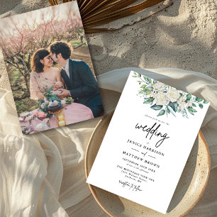 Elegante Weiße Rose Grünzeug Florale Foto Hochzeit Einladung