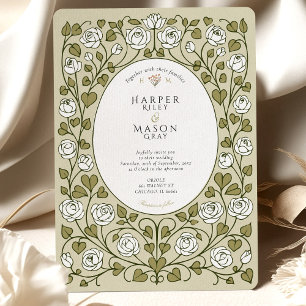 Elegante weiße Rose und grüne Herz-Hochzeit Einladung