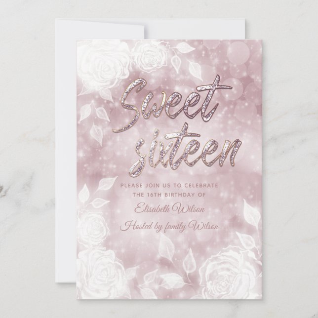 Elegante, weiße Rosen, 16 . Geburtstag Einladung (Vorderseite)