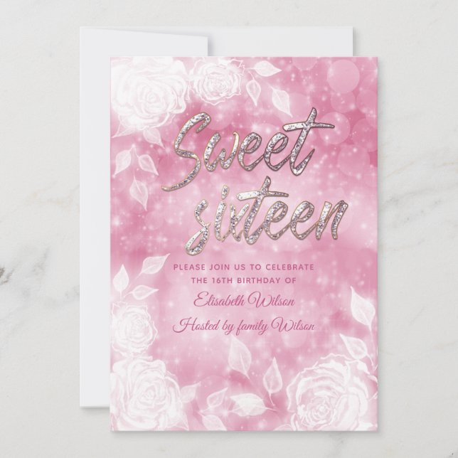 Elegante, weiße Rosen, 16 . Geburtstag Einladung (Vorderseite)