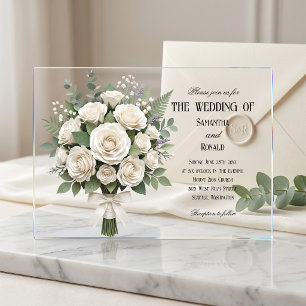 Elegante weiße Rosen Acryl-Hochzeit Acryleinladungen