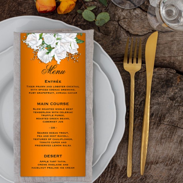 Elegante weiße Rosen auf Orange Wedding Menu Menükarte (Von Creator hochgeladen)