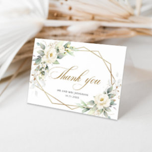 Elegante weiße Rosen Eukalyptus Hochzeit Danke