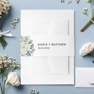 Elegante Weiße Rosen Grüne Florale Hochzeit Einladungsbanderole