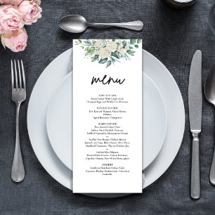 Elegante Weiße Rosen Grüne Florale Hochzeit Menükarte