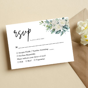 Elegante Weiße Rosen Grüne Florale Hochzeit RSVP Karte