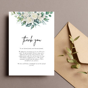 Elegante Weiße Rosen Grünzeug Florale Hochzeit Dankeskarte
