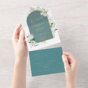 Elegante weiße Rosen Hochzeitseinladung mit Antwor All In One Einladung
