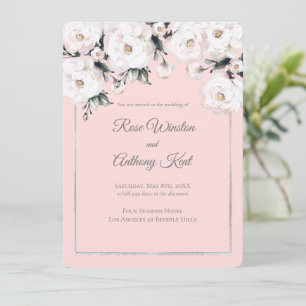 Elegante weiße Rosen Silver Frame Rosa Hochzeit Einladung
