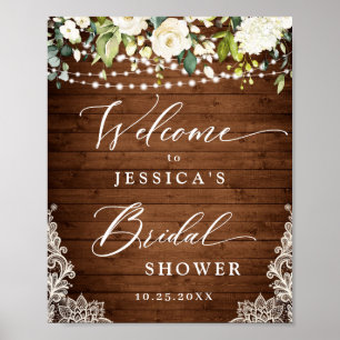 Elegante weiße Rosen Spitze rustikale Holz Brautpa Poster