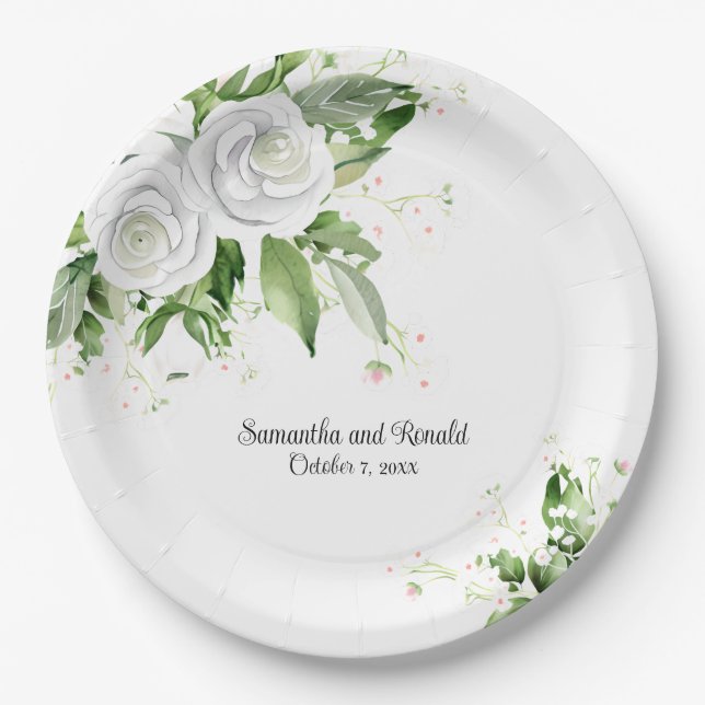 Elegante Weiße Rosen und Gipskraut Hochzeit Pappteller (Vorderseite)