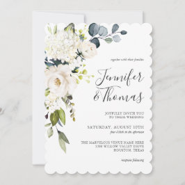 Elegante Weiße Rosen und Hydrangeas Blumenhochzeit Einladung