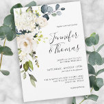 Elegante Weiße Rosen und Hydrangeas Blumenhochzeit Einladung<br><div class="desc">Das beliebte, neutrale Farbkonzept dieses einladenden Designs besticht durch einen kaskadierenden Blumenstrauß mit weißem Aquarell und anschließender Vegetation. Die Blume beinhalten Rose, Hydrangeas und passende Mischflorale für einen schönen Effekt. Die Textpaare, die in diesem Design verwendet werden, enthalten die Namen der Braut und des Bräutigams, die mit einem handgeschriebenen Schriftbild...</div>