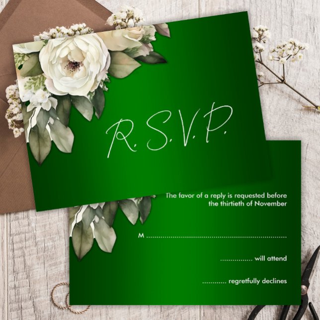 Elegante Weiße Rosen und Smaragdgrüne UAWG RSVP Karte (Von Creator hochgeladen)