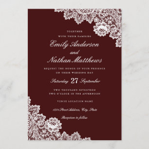 Elegante weiße Spitze Bordeaux Hochzeitseinladung Einladung