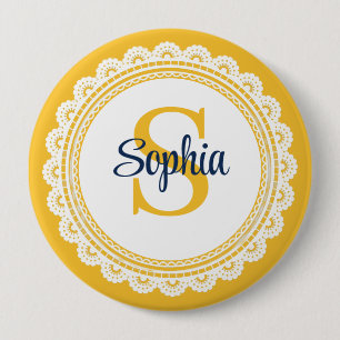 Elegante weiße Spitze und gelbe und marineblaue In Button