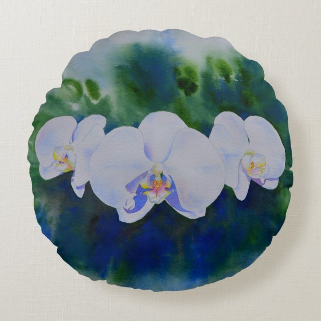 Elegante, weiße tropische Boho-Orchideen Rundes Kissen (Vorderseite)
