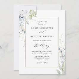 Elegante weiße und blaue Blüten auf einer Hochzeit Einladung