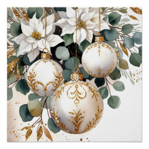 Elegante weiße und goldene Christbaumkugeln Aquare Poster