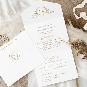 Elegante weiße und goldene Monogramm-Hochzeit mit  All In One Einladung