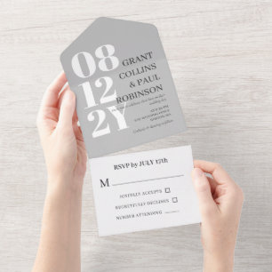 Elegante weiße und graue Typografie-Hochzeit All In One Einladung