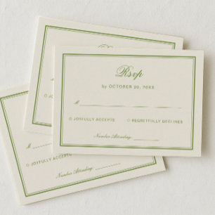 Elegante weiße und salbeigrüne Hochzeitsantwort Begleitkarte