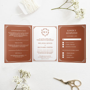 Elegante weiße und Terrakotta-Monogramm-Hochzeit Dreifach Gefaltete Einladung