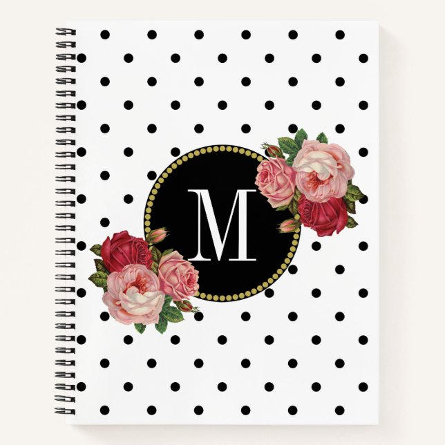Elegante weiße Vintage Rose Blume Dots Monogramm Notizbuch (Vorderseite)