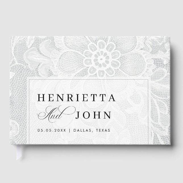 Elegante weiße Vintage-Spitze Hochzeit Gästebuch (Vorderseite)