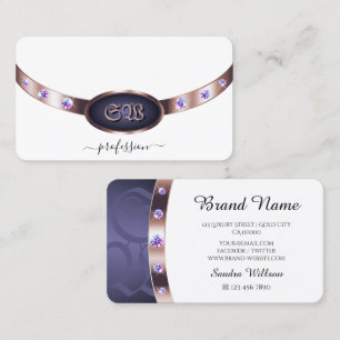 Elegante weiße, violette und roségoldene Monogramm Visitenkarte