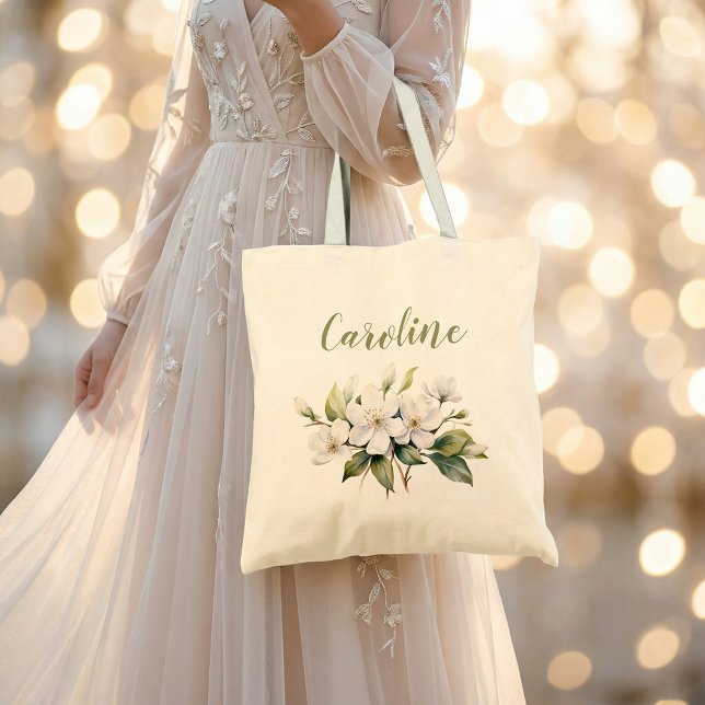 Elegante weiße Wasserfarbe Apfelblüten Name Tragetasche (Elegant White Watercolour Apple Blossom name Tote Bag)