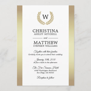 Elegante weißes Goldlorbeer-Monogramm-Hochzeit Einladung