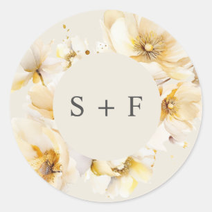 Elegante Weißgold-Blumen-Initialen-Hochzeit Runder Aufkleber
