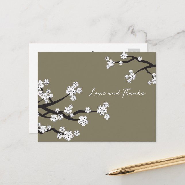 Elegante Weißkirschblüten Sakura Liebe & Dank Postkarte (Vorderseite/Rückseite Beispiel)