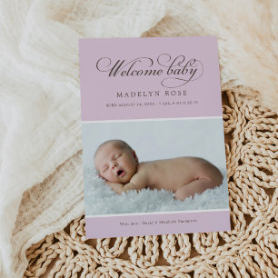 Elegante Welcome Baby Girl Lavender Foto Birth Ankündigung