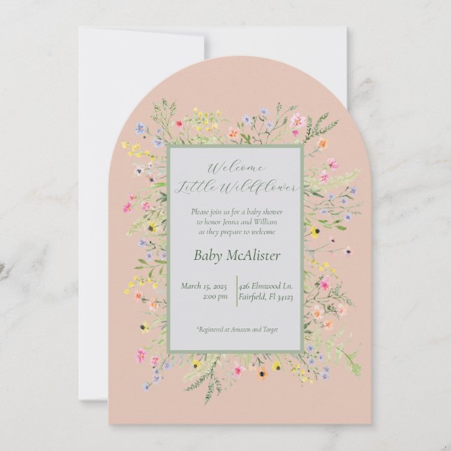 Elegante Welcome Little Wildblume Baby Dusche Einladung (Vorderseite)