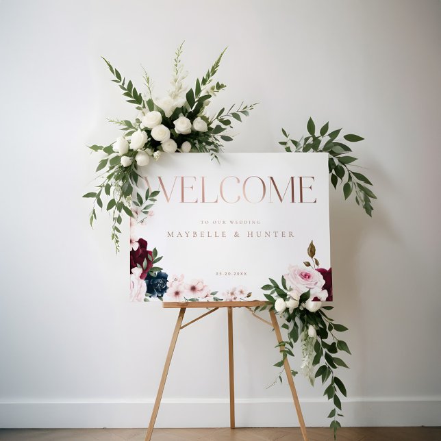 Elegante Welcome Rose Gold Burgund & Navy Florals Poster (Elegant Welcome Rose Gold Burgundy & Navy Florals Poster)