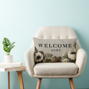 Elegante "Welcome Zuhause" Gruß mit botanischer Ku Lendenkissen